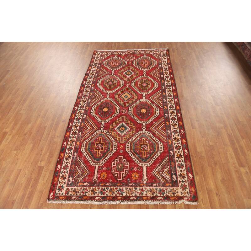 Red Geometric Distressed Bakhtiari Persian Vintage Wool Carpet - 5'0"x 10'1"