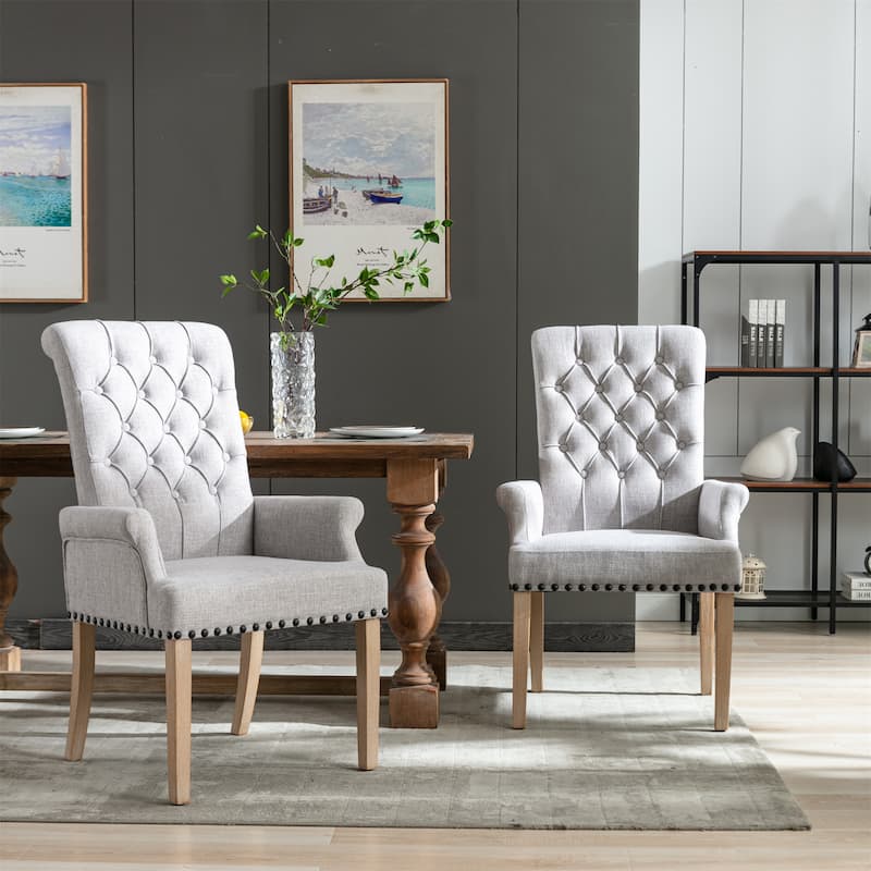 Fabric Upholstered High Back Arm Dining Chair with Oak Wood Legs