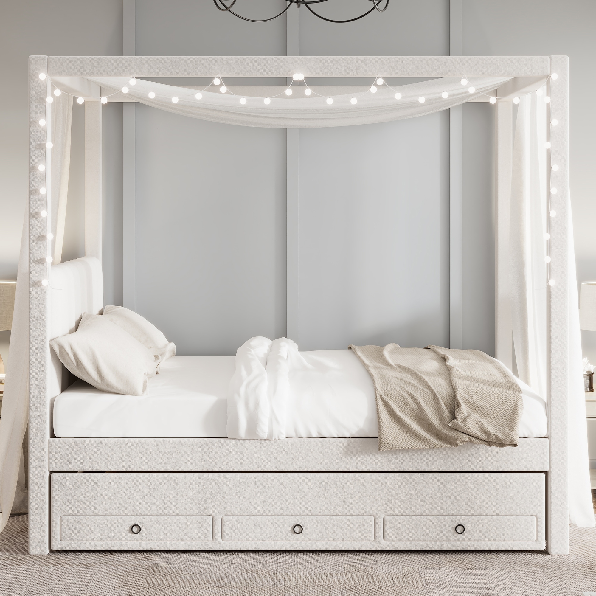 Full Size Upholstered Canopy Bed Platform Bed with Canopy Roof Frame and Headboard, Twin Size Trundle, 3 Storage Drawers, Beige