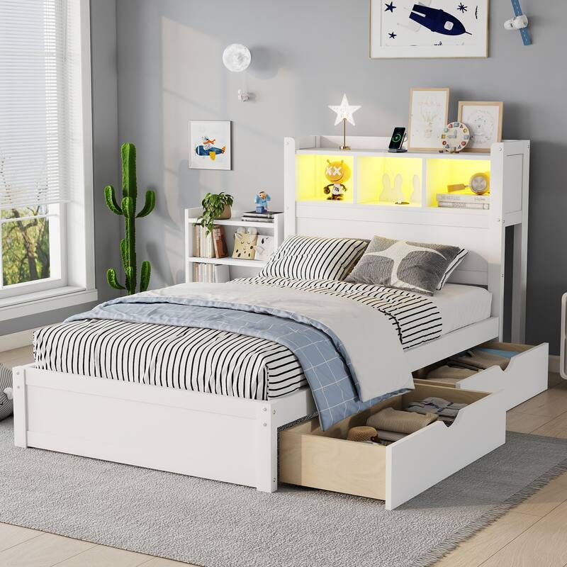 Roomfitters Twin/Full Platform Bed, LED Bookcase Headboard and Pull Out Storage Drawers with Wooden Frame for Bedrooms - White - Twin