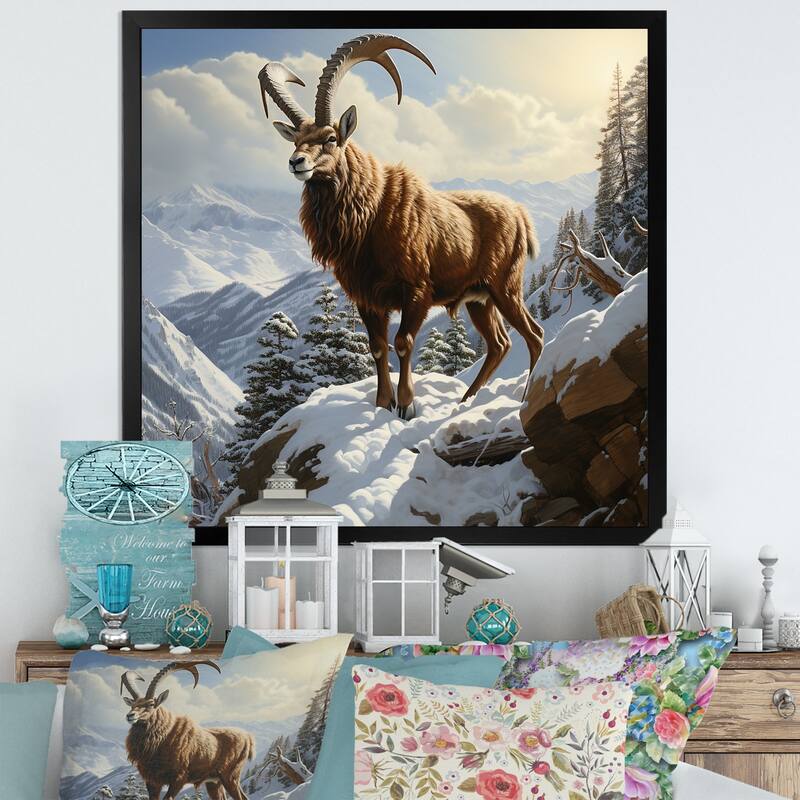 Designart "Minimalist Goat Winter Mountain Adventure" Goat Wall Decor Brown Modern Entryway Framed Wall Art Print - 36 in. wide x 36 in. high - Black
