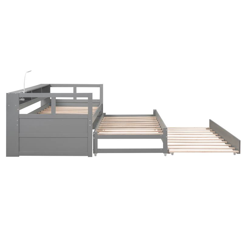 Twin XL Solid Wood Daybed with 2 Trundles, 3 Storage Cubbies, 1 Light and USB Charging Design for Bedroom, Apartment