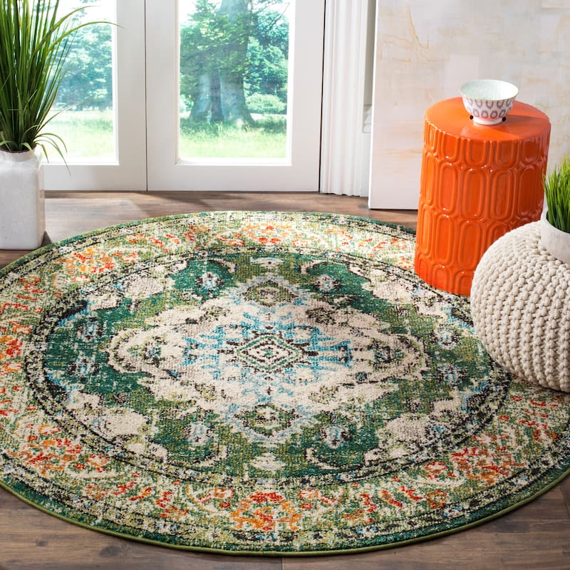 SAFAVIEH Monaco Oceane Boho Medallion Distressed Area Rug - 3' Round - Forest Green/Light Blue