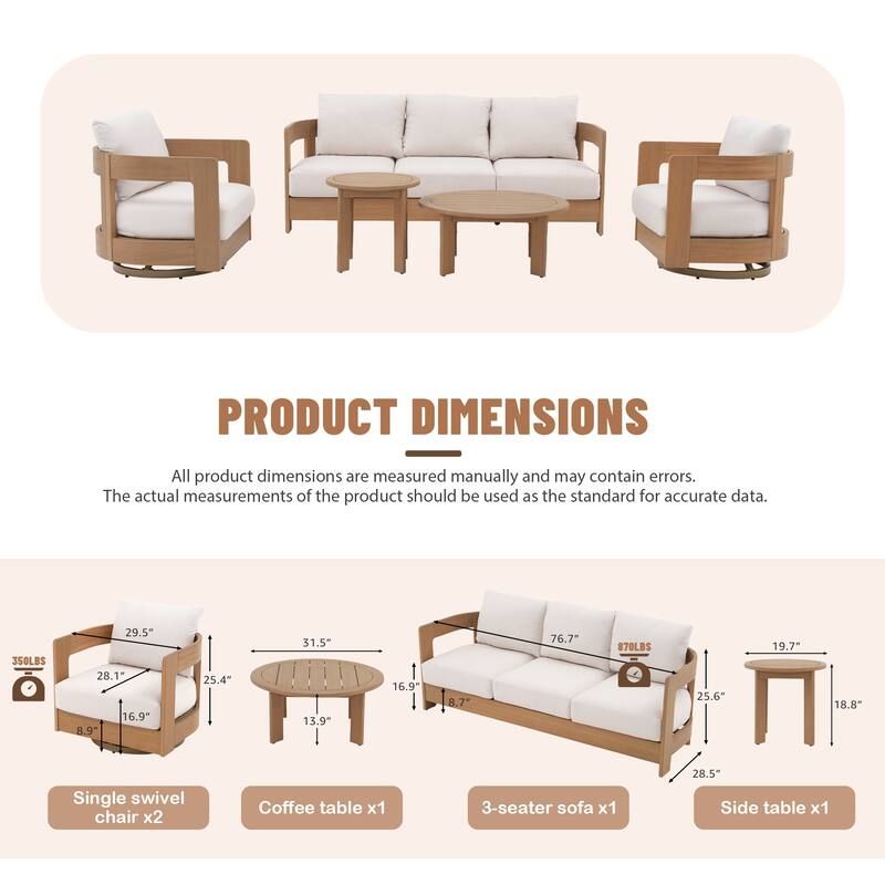 Outdoor 5-Piece Conversation Set Sofa and Swivel Chair with Coffee Table in Eucalyptus Wood