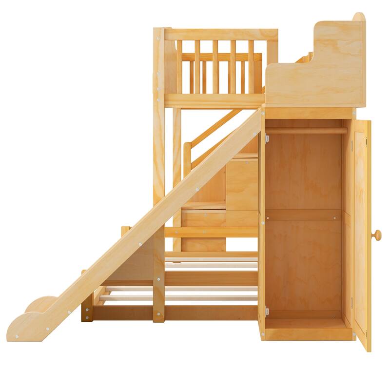 Fairytale Twin Over Full Kids Floor Bunk Bed with Slide, Storage Staircase, Shelves and Wardrobe, Wooden House Bed