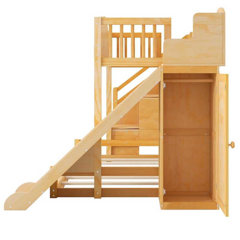 Playhouse-Inspired Twin over Full Bunk Bed with Slide, Storage Staircase & Wardrobe by Harper&Bright Designs