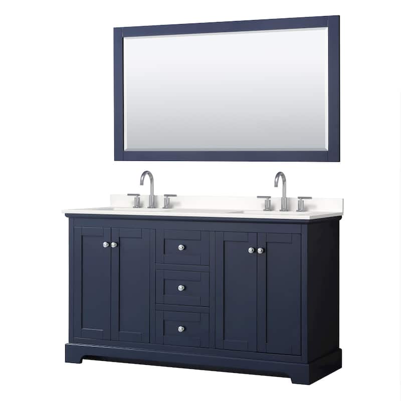 Avery 60-inch Double Vanity, Quartz Top, 58-inch Mirror - Dark Blue, Chrome Trim, White Quartz Top