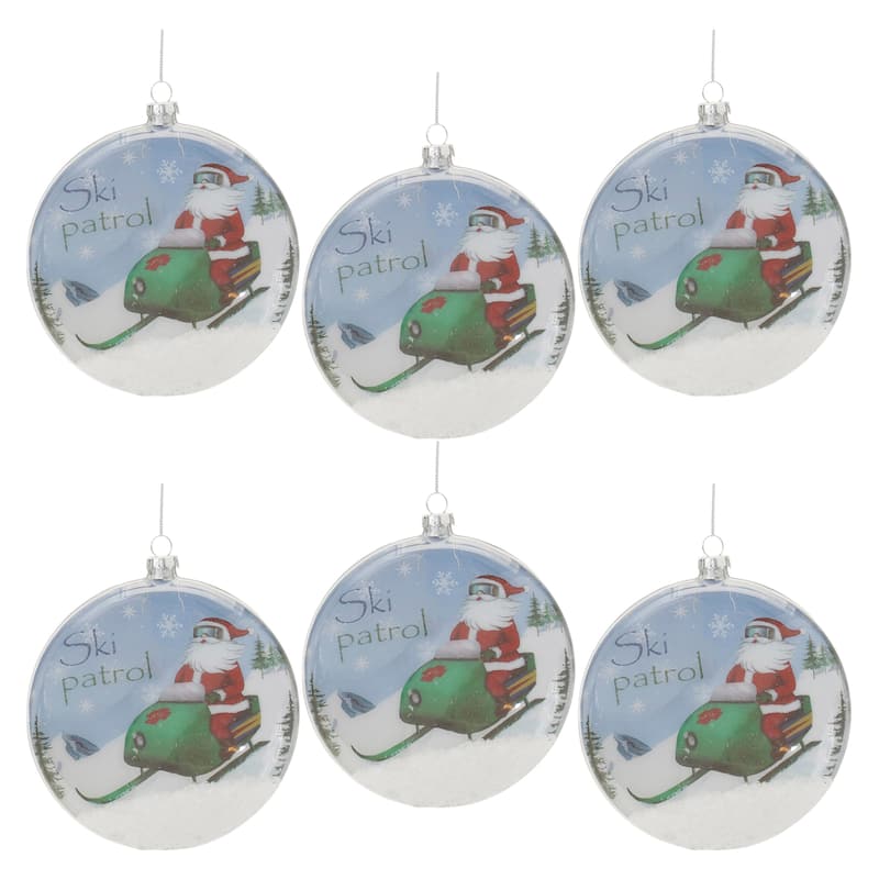 Set of 6 Santa Ski Disc Ornaments Glass Holiday Tree Decor with Silver Hanger - 4.75 x 2 x 5.25" - White/Blue