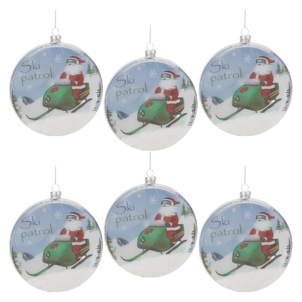 Set of 6 Santa Ski Disc Ornaments Glass Holiday Tree Decor with Silver Hanger - 4.75 x 2 x 5.25"