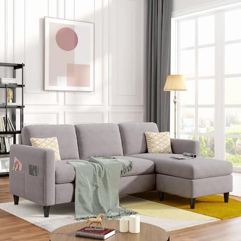 Modern Linen Fabric L-Shape 3-Seater Sectional Reversible Sofa with Ottoman, 4 Side Pocket, Square Arms and Cusion Back&Seat
