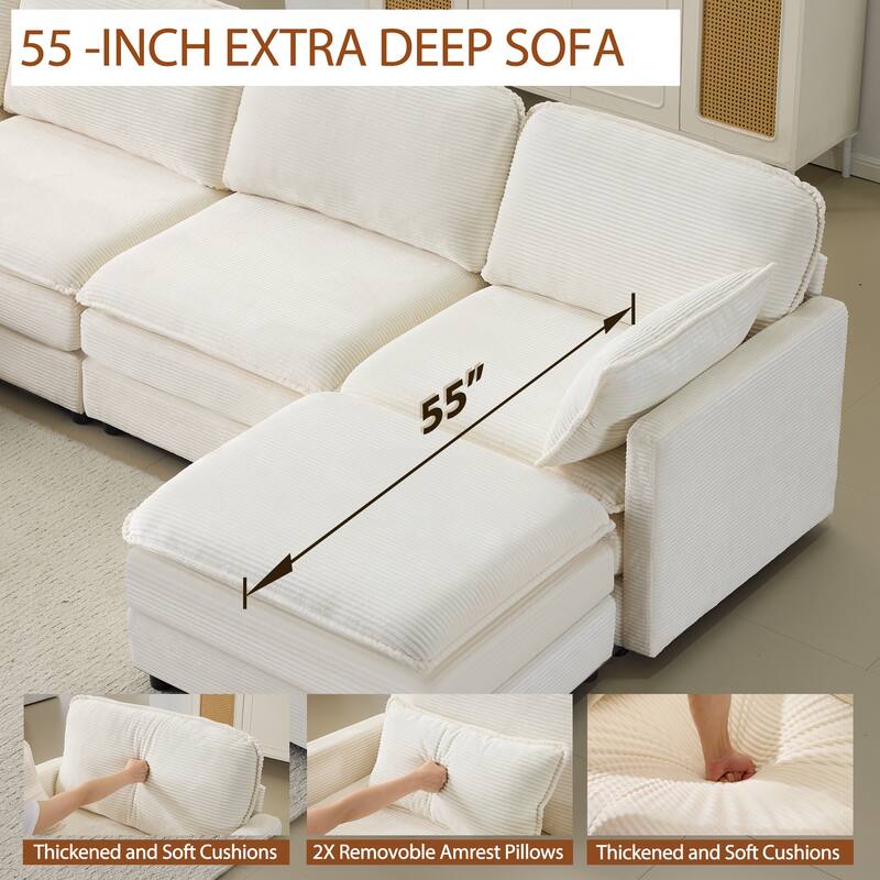 U-Shaped Modular Sectional Sofa with 2 Ottomans, Oversized Corduroy Upholstered Cloud Sofa, 4-Seater Sofa with 2 Throw Pillows