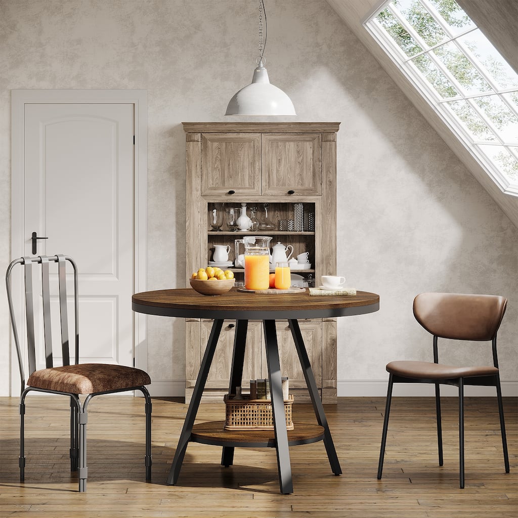 2 Tier Small Round Dining Table for 2-4 People, Industrial Kitchen Dinner Table with Sturdy Metal Leg - Brown + Black