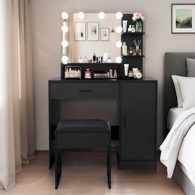 Modern Makeup Vanity Desk with Mirror and 3 Adjustable Lighting Colors、Open Shelves for Living Room