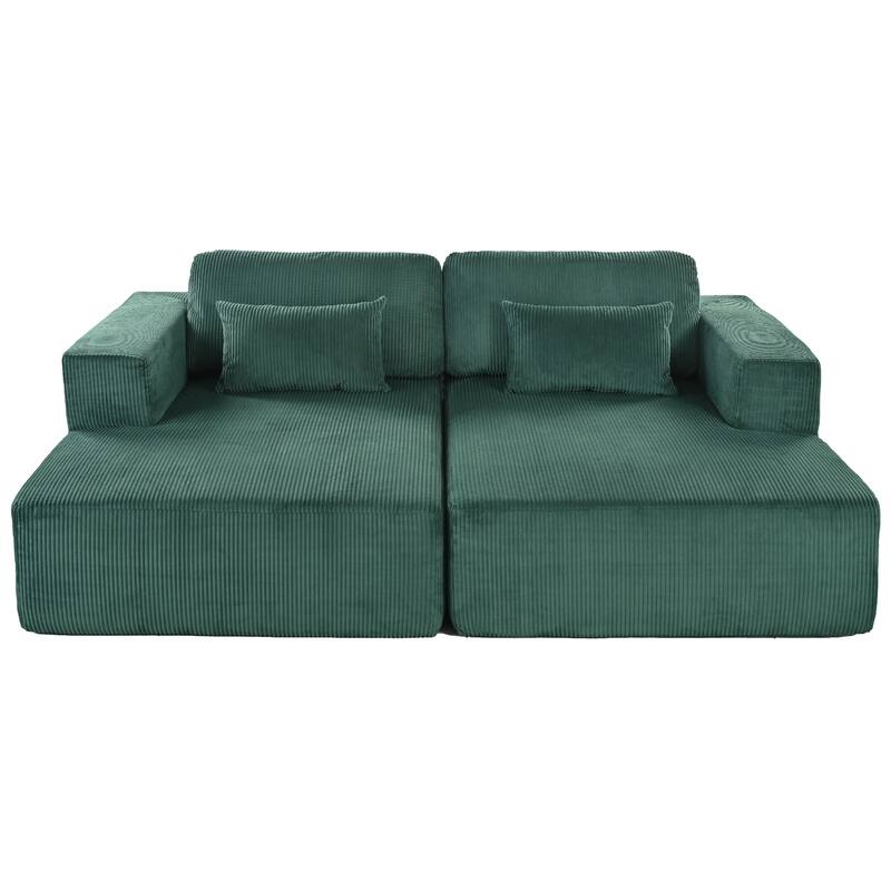 Oversized Double Chaise Lounge Sofa, Comfy Full-Compressed Sleeper Sofa Bed, Corduroy Upholstered Sofa Bed with 2 Pillows