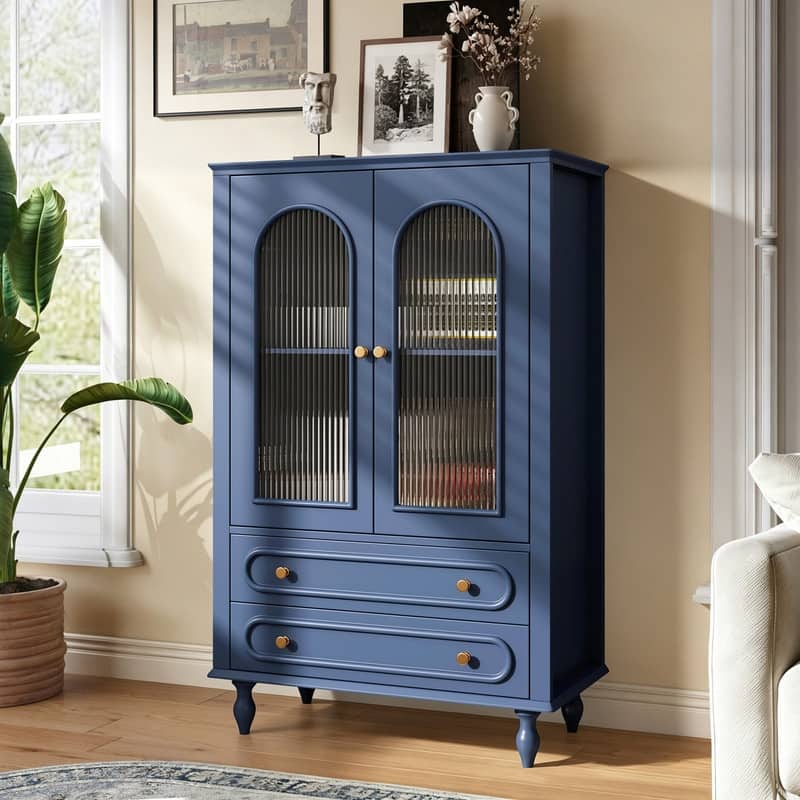 Freestanding 46.5'' Glass Display Cabinet, Accent Cabinet with 2 Drawers & Adjustable Shelf for Living Dining Room