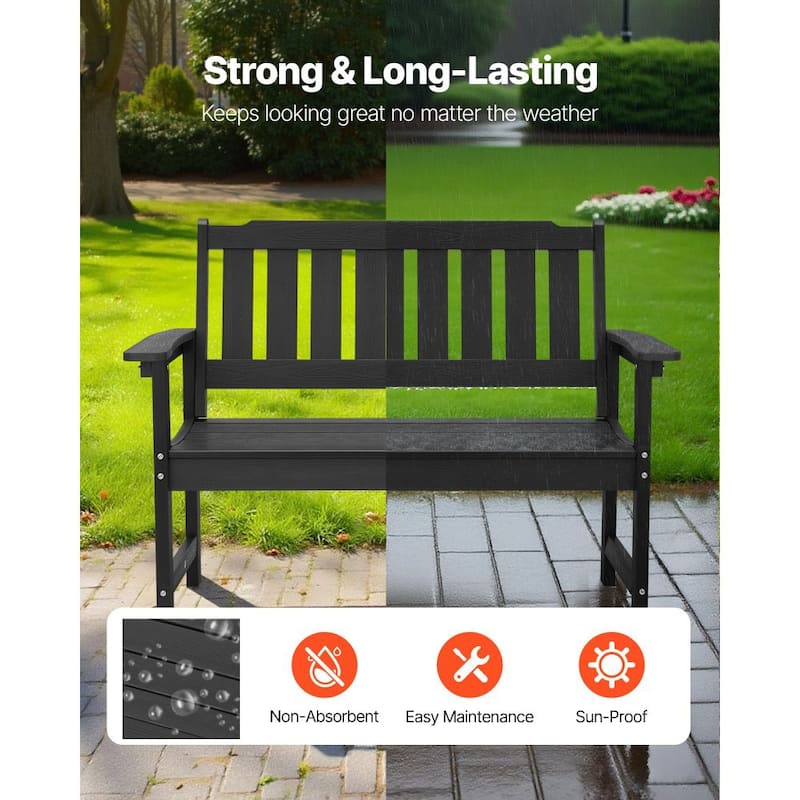 50.5-Inch Black Outdoor Bench with Backrest Armrests for Porch Patio Garden and Backyard Relaxation - 50.5” x 24.4” x 36.6”