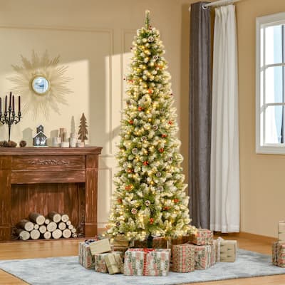 7.5ft Snow-Dipped Artificial Christmas Tree with 1075 Branch Tips and Pine Cones, 350 Warm White LED Lights for Home Office