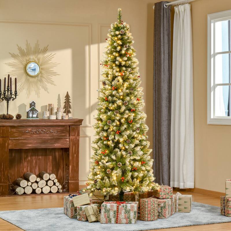 Snow-Flocked Artificial Christmas Tree with LED Lights, Pine Cones & Red Berries, 6ft, 7.5ft, 9ft