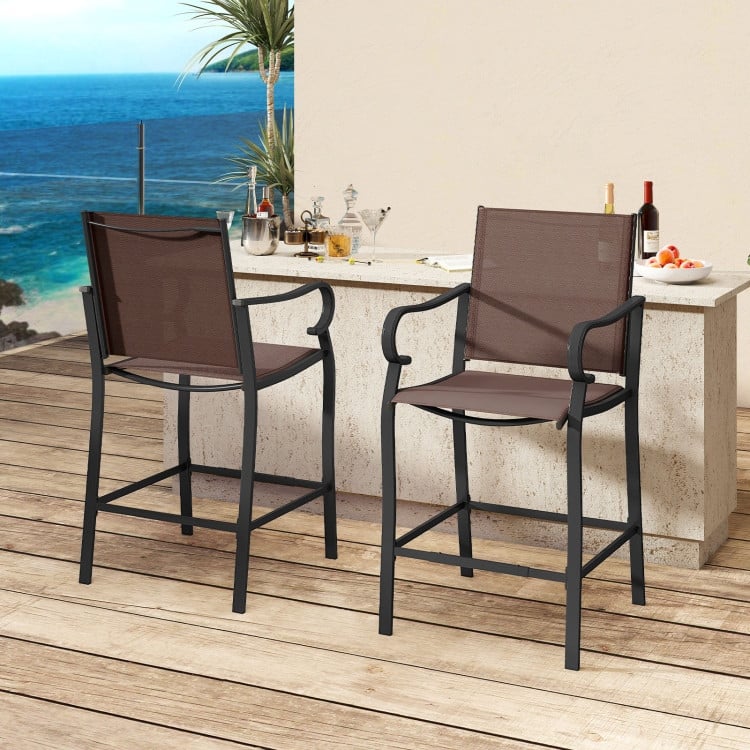 Brown and Black Fabric Metal Patio Bar Counter Height Stools Set of 2 with Ergonomic Design and Footrests - 24.5" x 23" x 44.5"