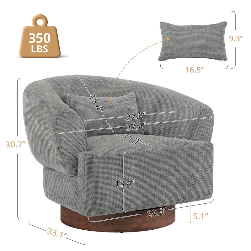 Chenille Upholstered Swivel Barrel Accent Chair with Solid Wood Base for Living Room