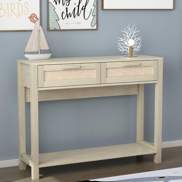 39.4" Rattan Console Table with 2 Drawers Entryway Table
