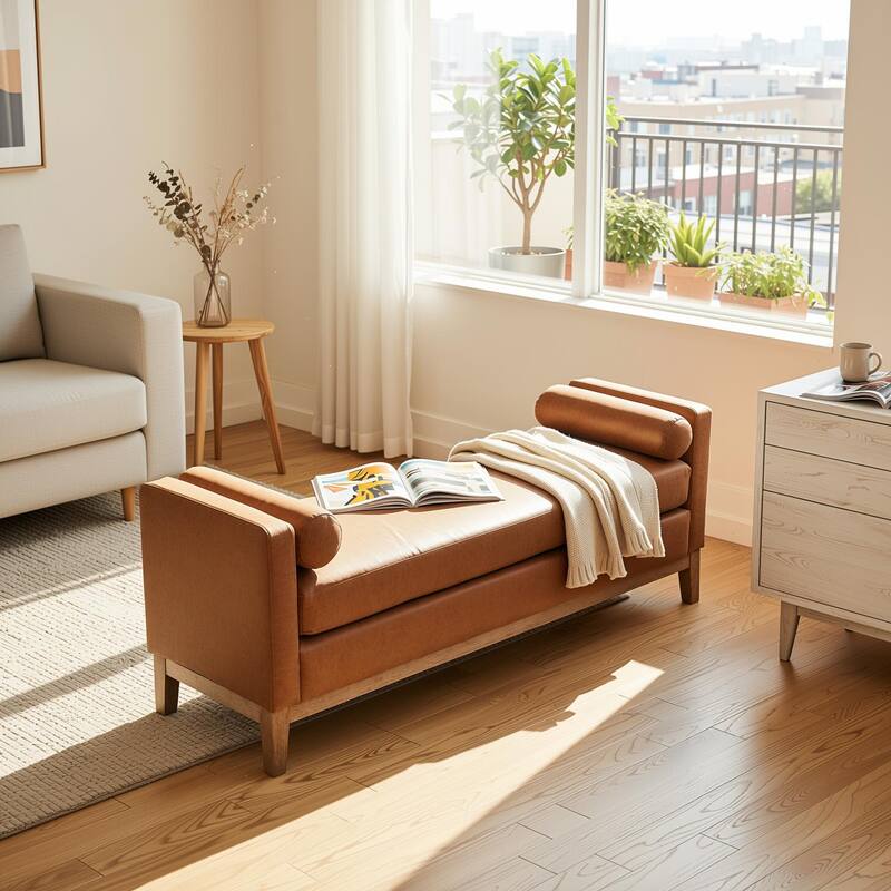 Homy Casa Upholstered Bench Sofa with Pillows, Wooden, Entry Living