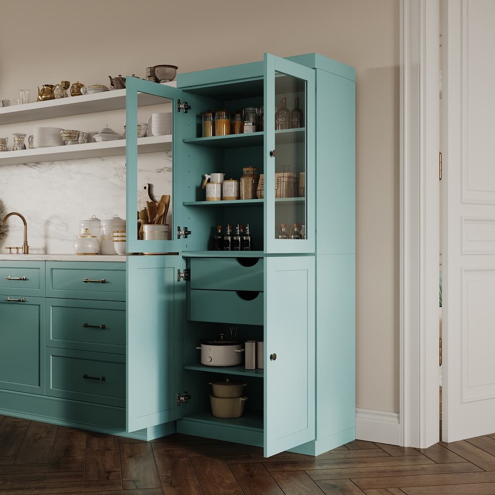 Palace Imports 100% Solid Wood 32" Pantry Cabinet with Clear Glass, Shaker Doors, 2-Drawers and Adjustable Shelves