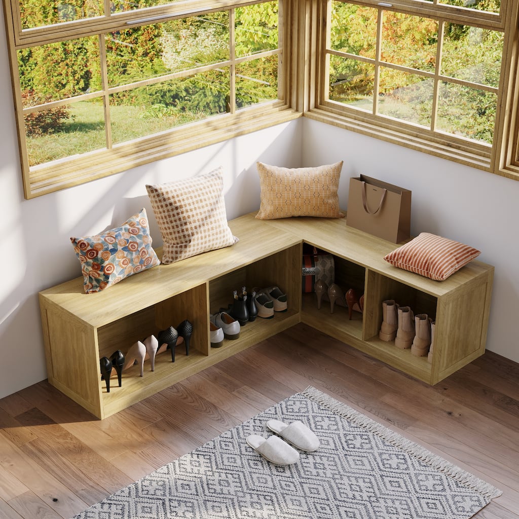 L-Shaped Entryway Bench with Open Shoe Storage, Corner Mudroom Organizer Seating, Wooden Hallway Storage Bench
