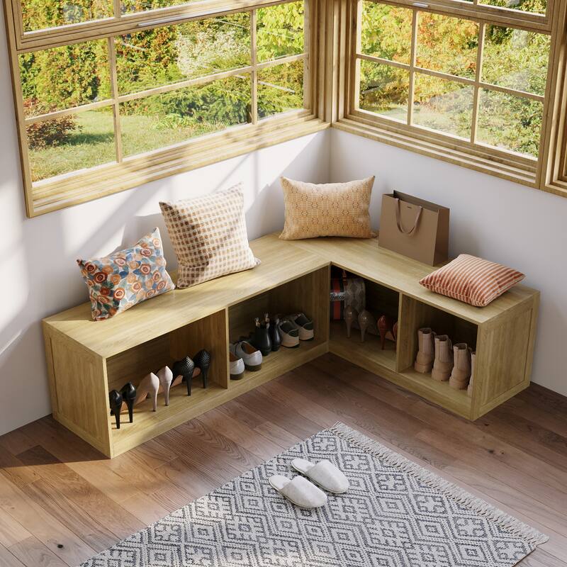 L-Shaped Entryway Bench with Open Shoe Storage, Corner Mudroom Organizer Seating, Wooden Hallway Storage Bench
