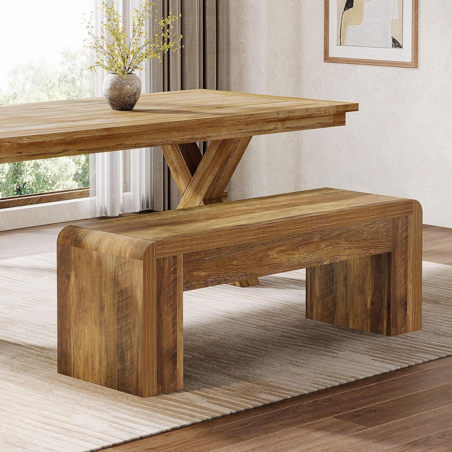 47 Inches Brown Engineered Wood Dining Bench, Farmhouse Kitchen Table Bench for Dining Room, Restaurant