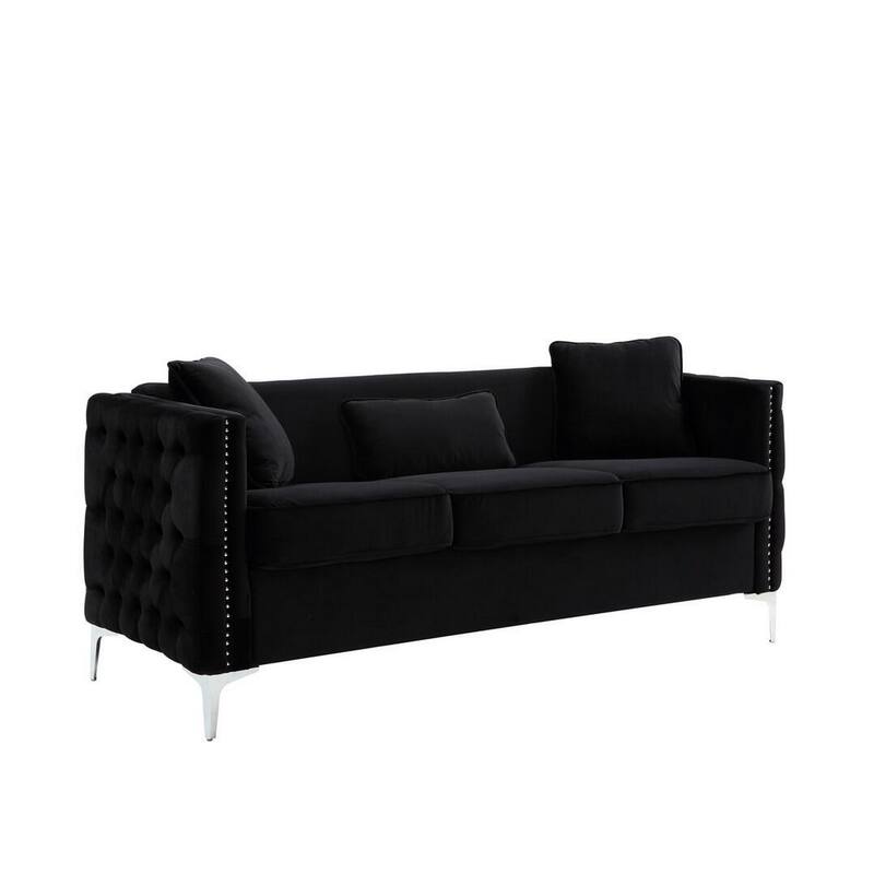 Zion 3 Piece Sofa Set with Loveseat and Chair, Button Tufted, Black Velvet