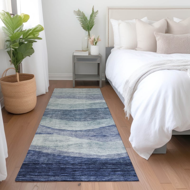 Machine Washable Indoor/ Outdoor Contemporary Waves Chantille Rug - Blue - 2'3" x 7'6"