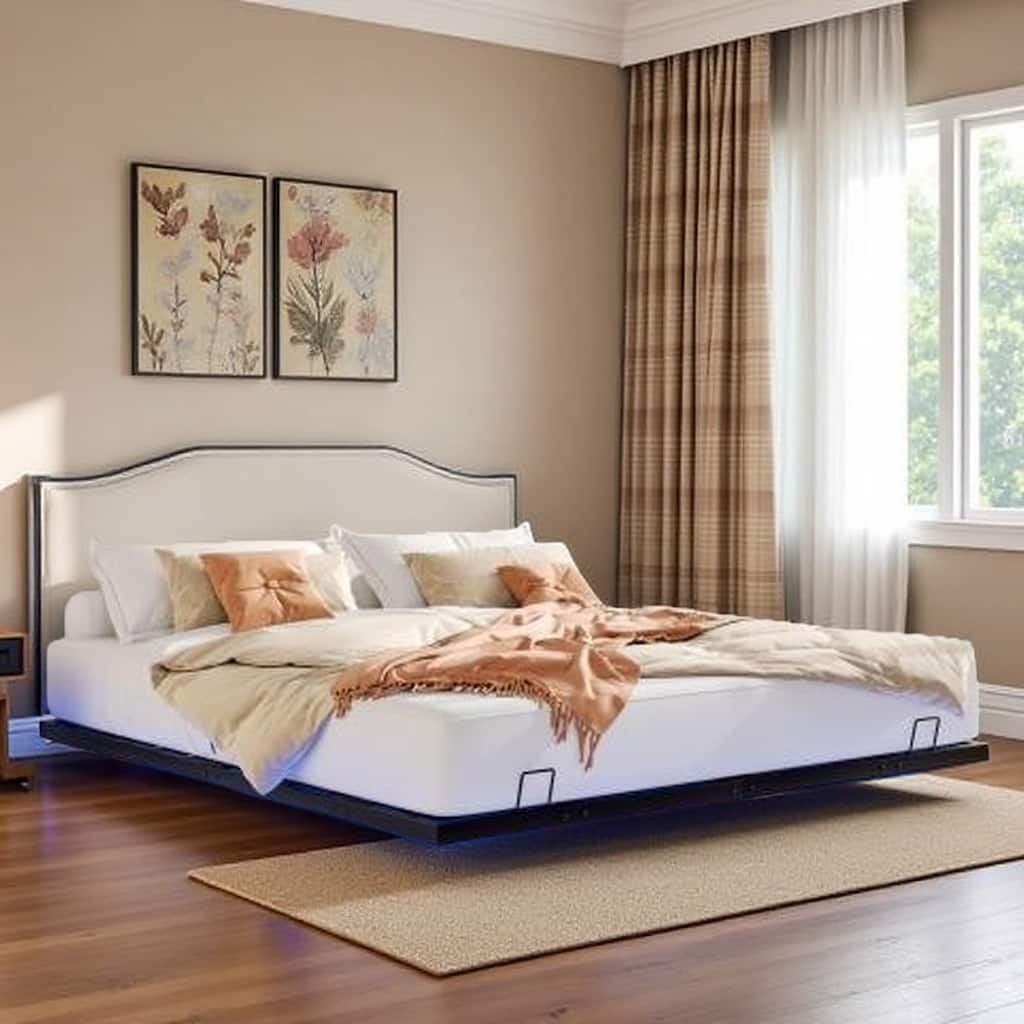 King Size Metal Platform Bed with Floating Design & LED Lights, Heavy-Duty Support, No Box Spring Needed, Easy Assembly, Stable