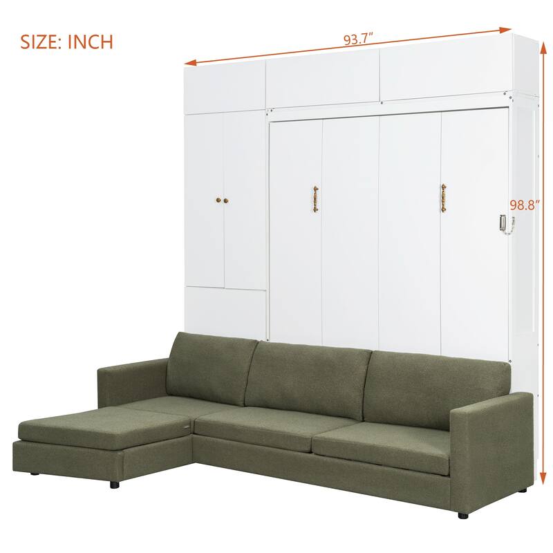 Queen Size Wall Bed with Sofa and Shelves, Space-Saving Design, White Panel, Green Sofa