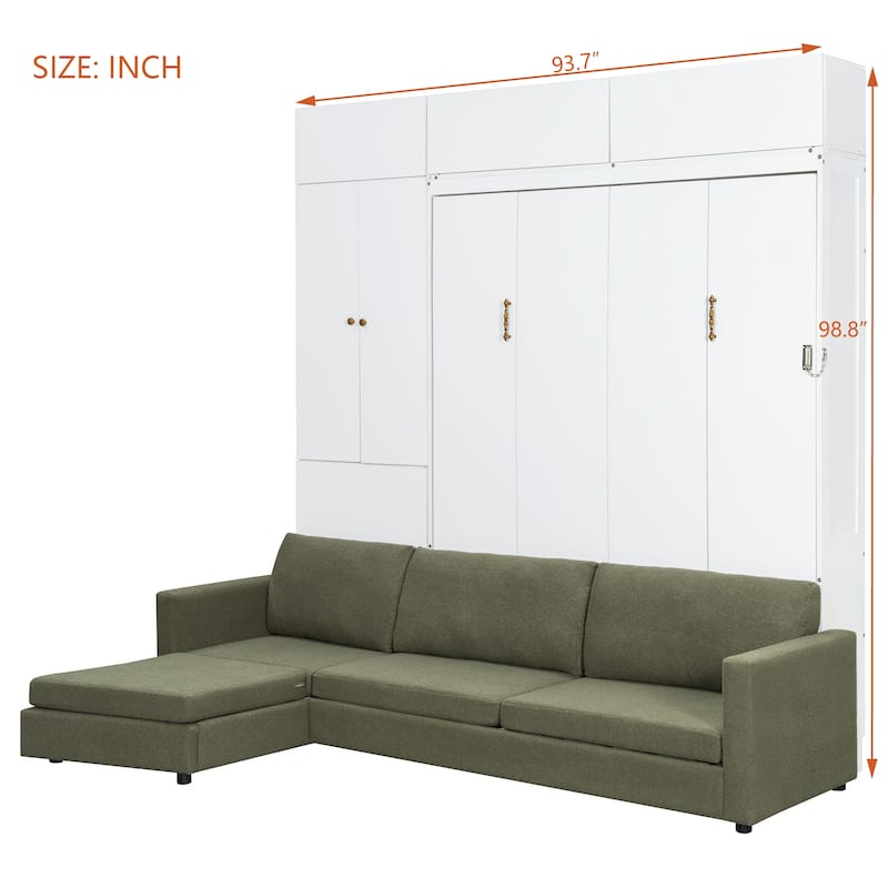 Roomfitters Queen Size Murphy Bed with Sofa and Shelves, Foldable Wall Bed with Storage Cabinet