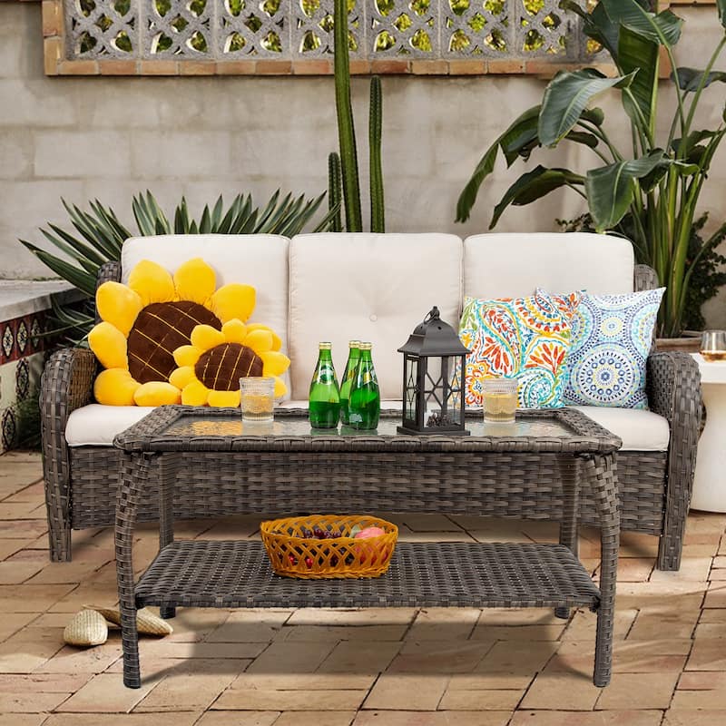 Cozywor Wicker Outdoor Lounge Sofa Couch with Cushions and Table - Beige