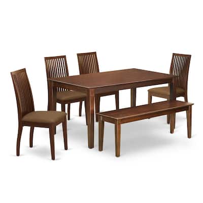 Modern Dining Set - 6 Piece Wood Table, 4 Linen Chairs & Bench - 36x60 Inch - 60
