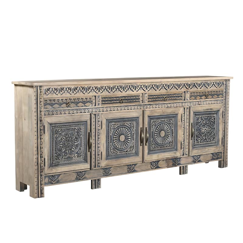HomeRoots 102" Natural And Black Distressed Solid Wood Carved Geometric Four Drawer Sideboard