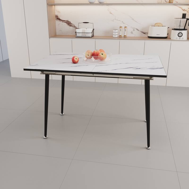Square marble patterned dining table, modern industrial kitchen and dining table, equipped with tapered black metal legs