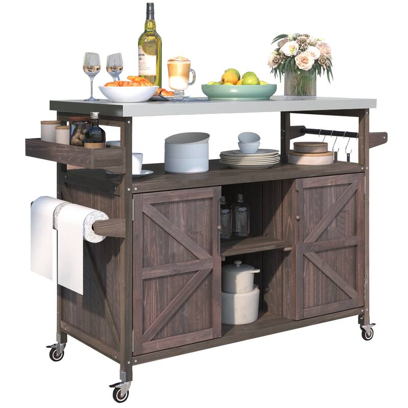 Outdoor Kitchen Island, Rolling Bar Cart & Grill Table, Outdoor Solid Wood Storage Cabinet with Stainless Steel Top for BBQ