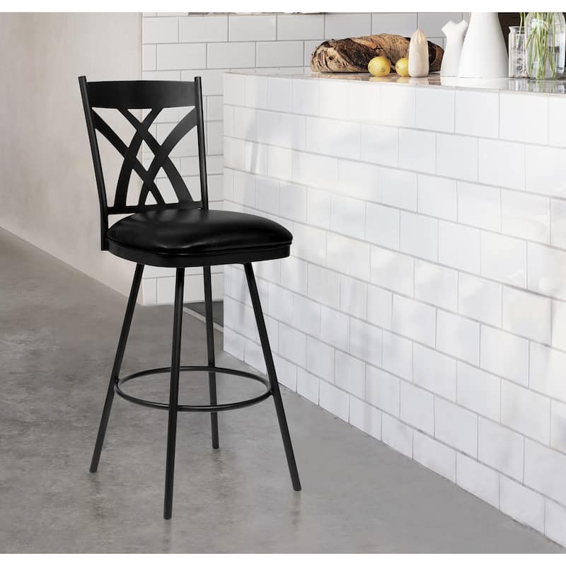 26" Stylish Black Faux Leather Black Metal Lattice Back Swivel Bar Stool - 43" x 18" x 24"