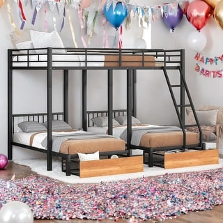 Modren Full Over Twin & Twin Metal Bunk Bed Triple Bunk Bed With Drawers and Guardrails