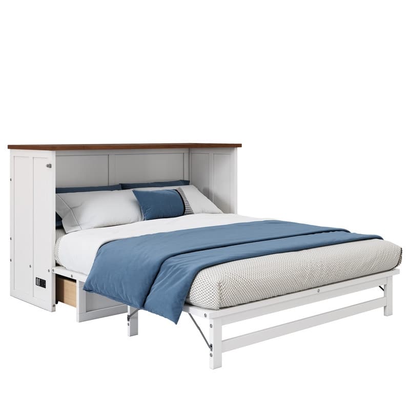 Modern Platform Murphy Bed, Full/Queen Size Mobile Murphy Cube Cabinet Bed w/ Drawer and Charging Station, Wood Murphy Bed Chest