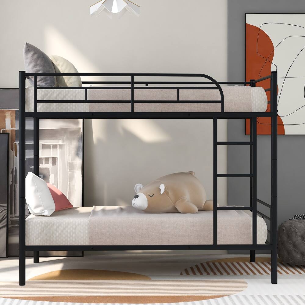 Iron Detachable Bunk Bed Frame, Split Into 2 Beds, Heavy Duty Metal Bunk Bed with Ladder and Guardrail