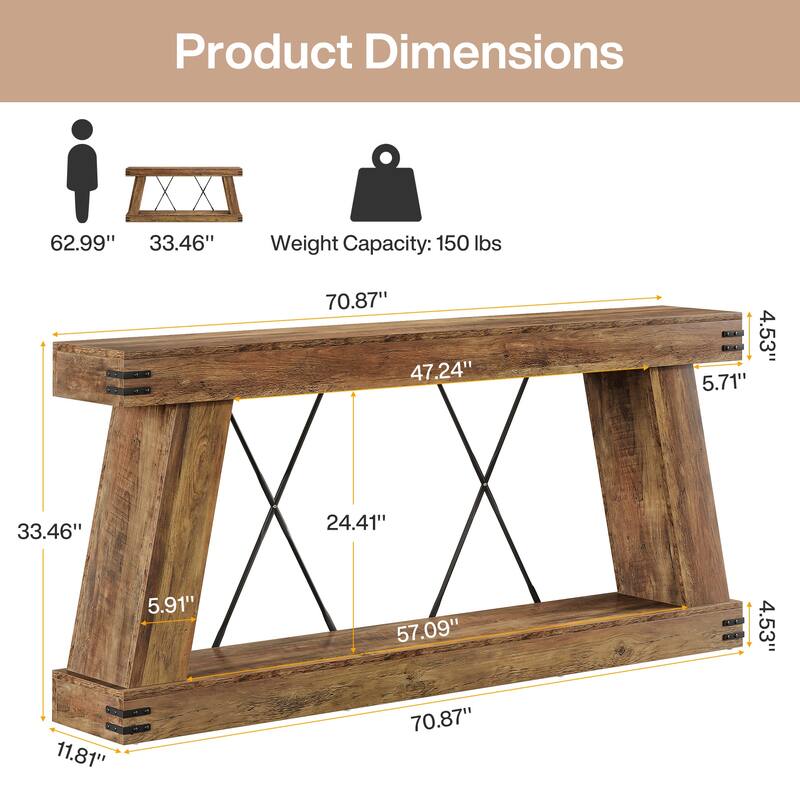 70.9” Farmhouse Console Table, Brown Entryway Table with Storage - Large