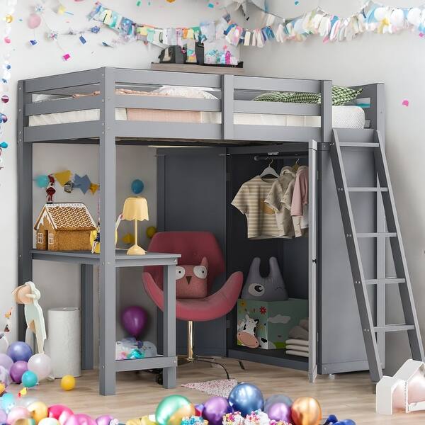 slide 2 of 18, Twin Size Loft Bed With Wardrobe and Desk and Shelves for Home Grey