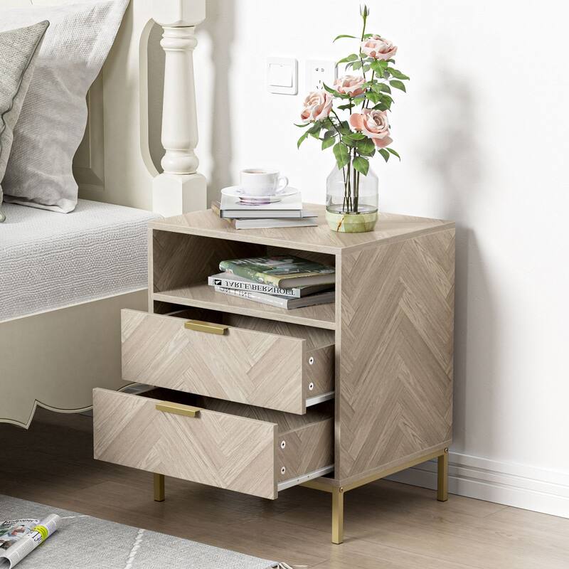 Anmytek Mid-Century 2 Drawer Nightstand Wood Grain Bedside Table Side Table with Open Shelf