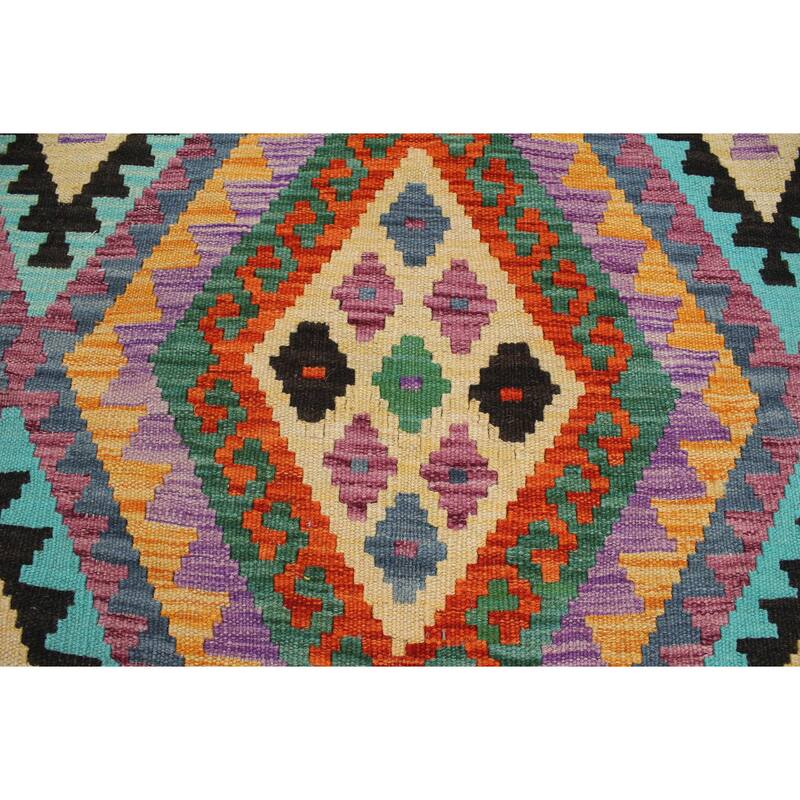 Southwestern Turkish Kilim Flo Rust Blue Hand-Woven Wool Rug - 8'2'' x 9'6''