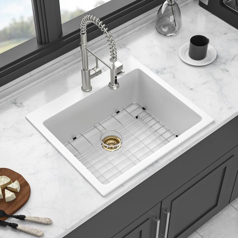 25" x 22" Drop-In Single Bowl Kitchen Sink with Grid, White Composite Granite, 9.65" Deep