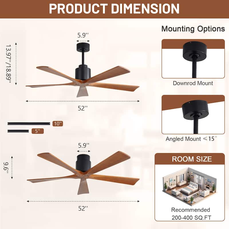 Sofucor 42“/52"/60"/48" Noiseless Walnut Wood Ceiling Fan with Remote Control, Integrated Light Optional